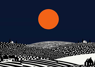 Abstract Landscape with Orange Sun