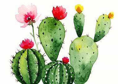 Watercolor Cactus and Flowers Illustration