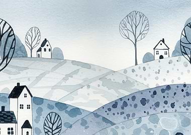 Watercolor Landscape with Houses and Trees