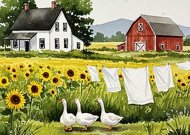Watercolor Farm Scene with Geese