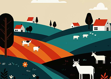 Stylized Rural Landscape with Animals