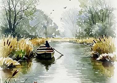 Watercolor River Scene with Boat