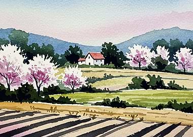 Watercolor Landscape with Blooming Trees
