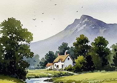 Watercolor Landscape with Cottage and Mountain