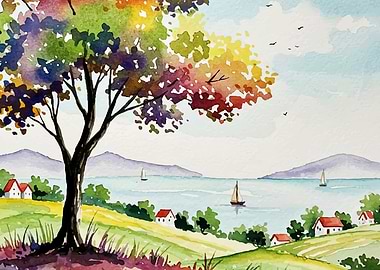 Watercolor Landscape with Tree and Sailboats