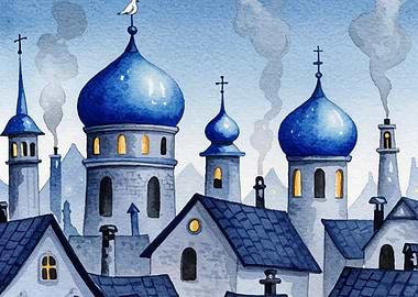 Blue Watercolor Cityscape with Domes