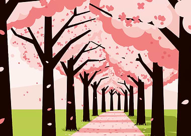 Cherry Blossom Tree Path Illustration