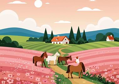 Horses in a floral landscape