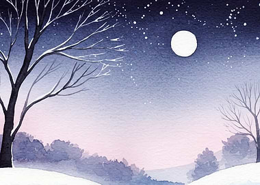 Watercolor Winter Night Landscape