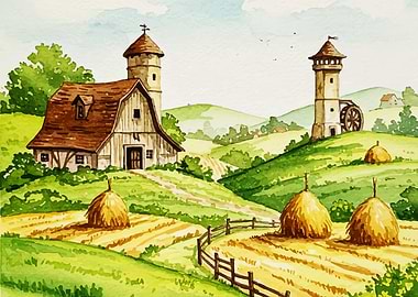 Watercolor Farm Landscape with Barn and Towers