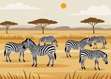 Zebras in African Savannah Illustration