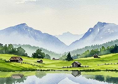 Watercolor Mountain Landscape with Cabins