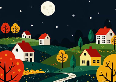 Night Village Landscape Illustration