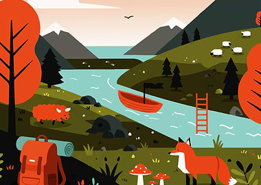 Scenic Landscape with Animals and River