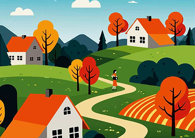 Autumn Village Landscape Illustration