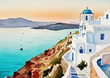 Santorini Watercolor Painting