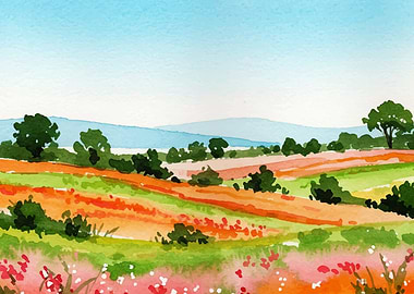 Watercolor Landscape with Fields and Trees