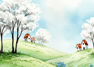 Watercolor Landscape with Houses and Trees