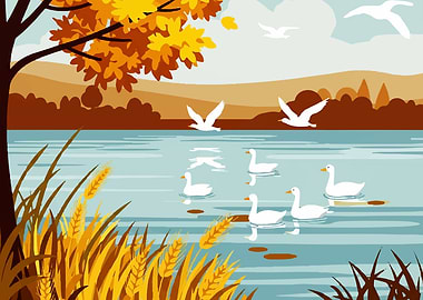 Autumn Lake with Geese and Seagulls