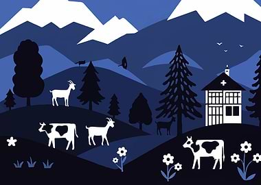 Mountain Farm Landscape Illustration