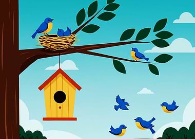 Birds, Nest, and Birdhouse Illustration