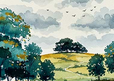 Watercolor Landscape with Trees and Birds