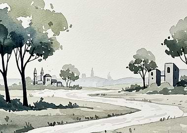 Watercolor Landscape with Buildings and Trees