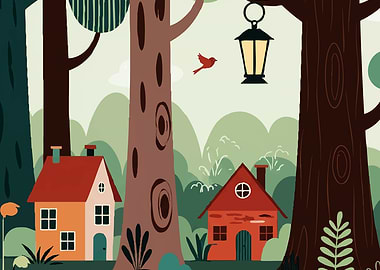 Whimsical Forest Houses Illustration