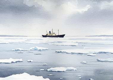Ship in Arctic Watercolor Painting