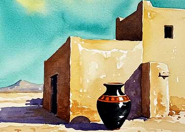 Watercolor Desert Architecture with Vase