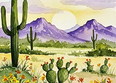 Watercolor Desert Landscape with Cacti
