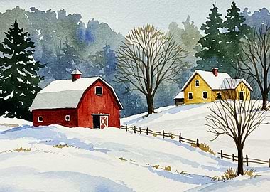 Winter Farmhouse Watercolor Painting