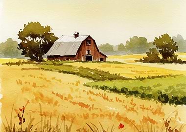 Watercolor Barn in Golden Field