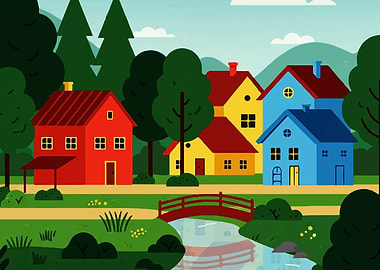 Colorful Houses by River Illustration