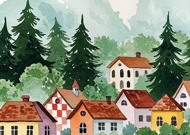 Watercolor Village Scene with Trees