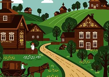 Russian Village Landscape with Horse Carriage