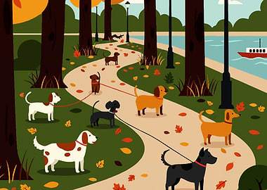 Dogs in Autumn Park Illustration