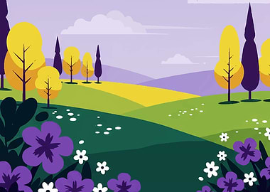 Cartoon Landscape with Flowers and Trees