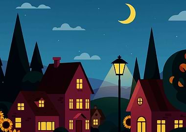 Nighttime Village Scene Illustration