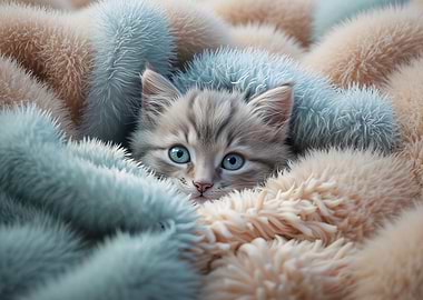 Cute Kitten in Fluffy Blanket