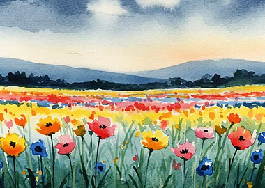 Watercolor Flower Field Landscape Painting