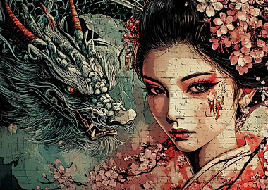 Geisha and Dragon Digital Art