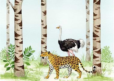 Watercolor Jaguar and Ostrich in Forest