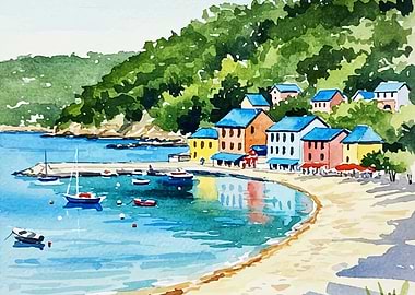 Watercolor Coastal Village with Boats