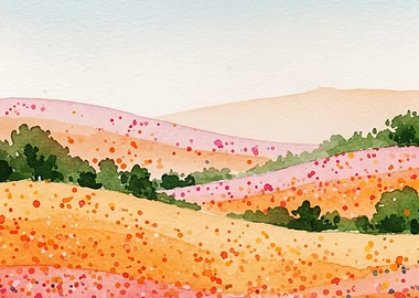 Watercolor Landscape with Hills and Trees