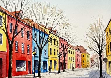 Colorful European Street Watercolor Painting