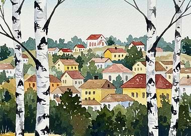 Watercolor Village Scene with Birch Trees