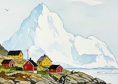 Watercolor Painting of Coastal Village