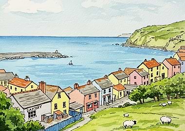Coastal Village Watercolor Painting