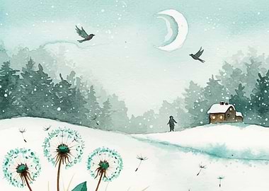 Winter Watercolor Landscape with Birds